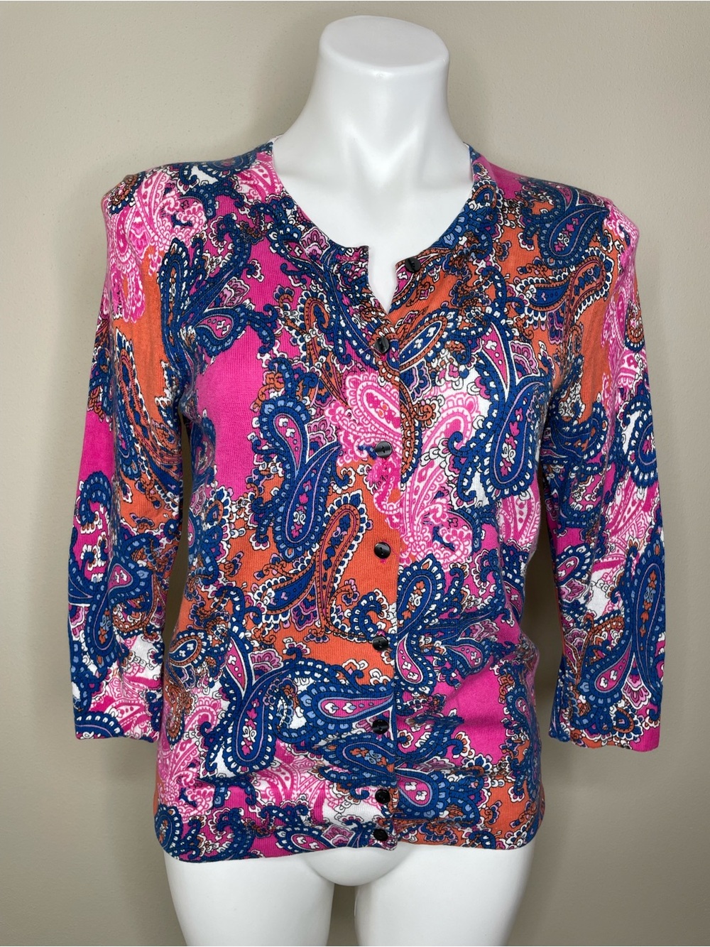 Tommy Hilfiger Paisley Button-Front Sweater in Blue, Pink & Orange